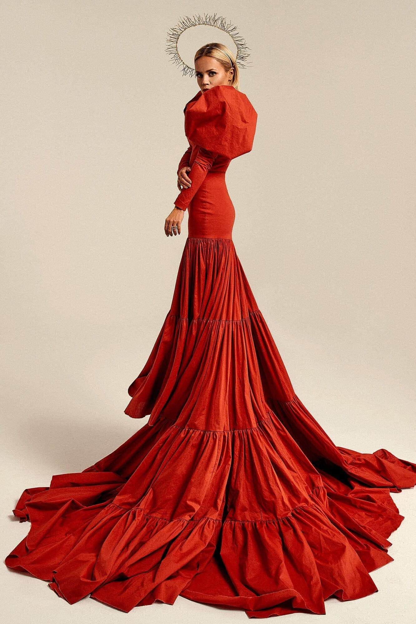Couture red carpet gown with train